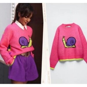 NEW ZARA Snail Jacquard knit sweater Blogger Rainbow Artsy Pink Purple L XL